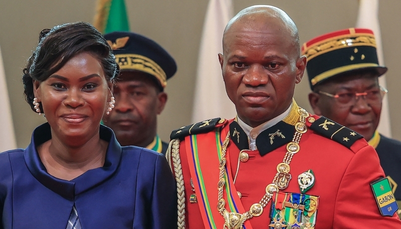 Zita Nyangue Oligui Nguema and Gabon's interim President Brice Clotaire Oligui Nguema in Libreville on 4 September 2023. 