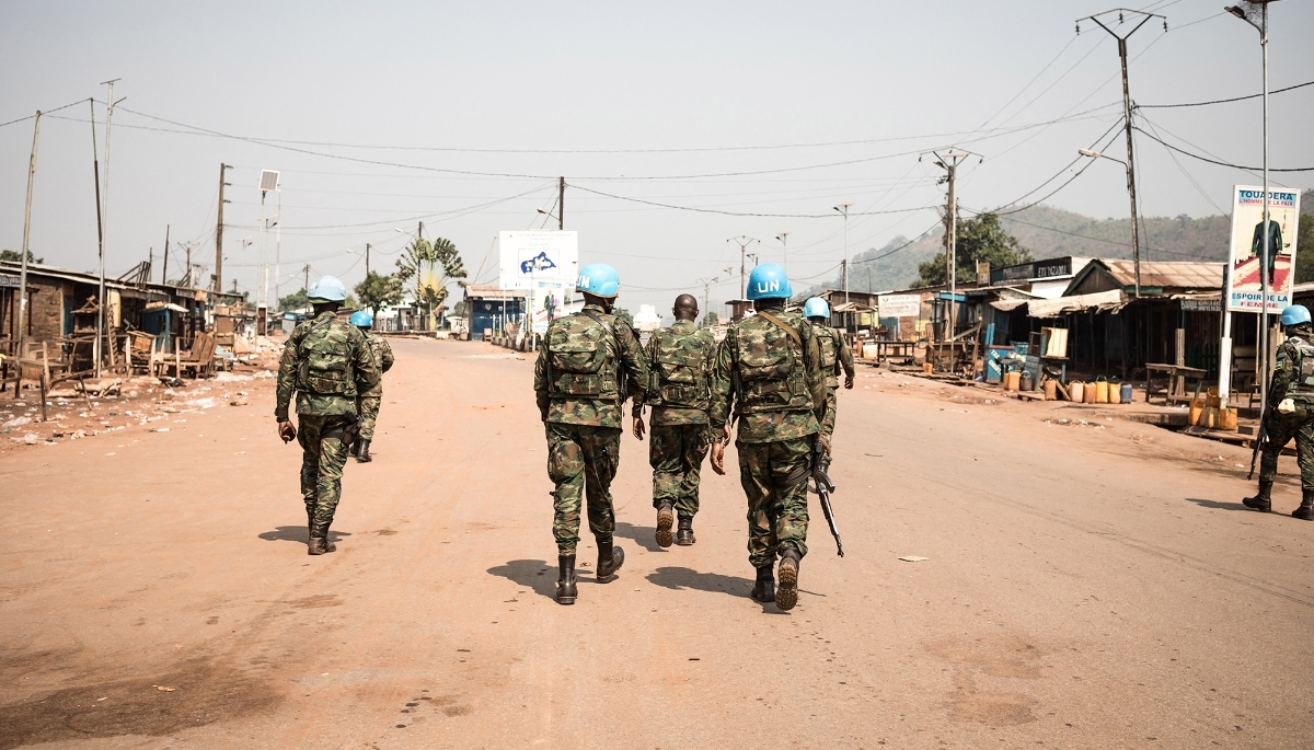 MINUSCA soldiers patrol in the PK12 area of Bangui on 13 January 2021. 