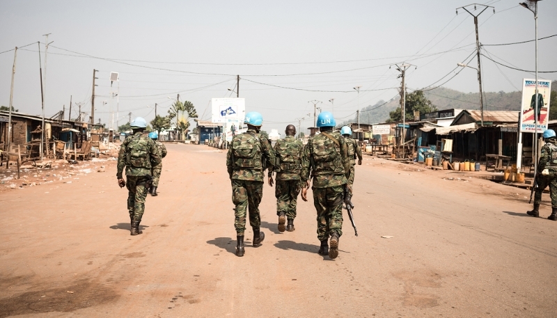 MINUSCA soldiers patrol in the PK12 area of Bangui on 13 January 2021. 