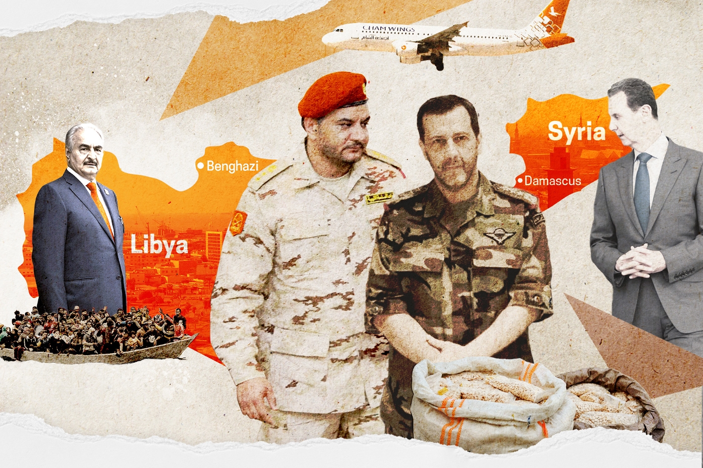 In the foreground, Saddam Haftar and Maher al-Assad. Behind them, Khalifa Haftar and Bashar al-Assad.