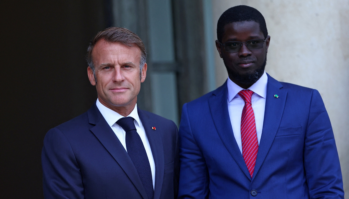 French President Emmanuel Macron and his Senegalese counterpart Bassirou Diomaye Faye in Paris on 27 August 2025.