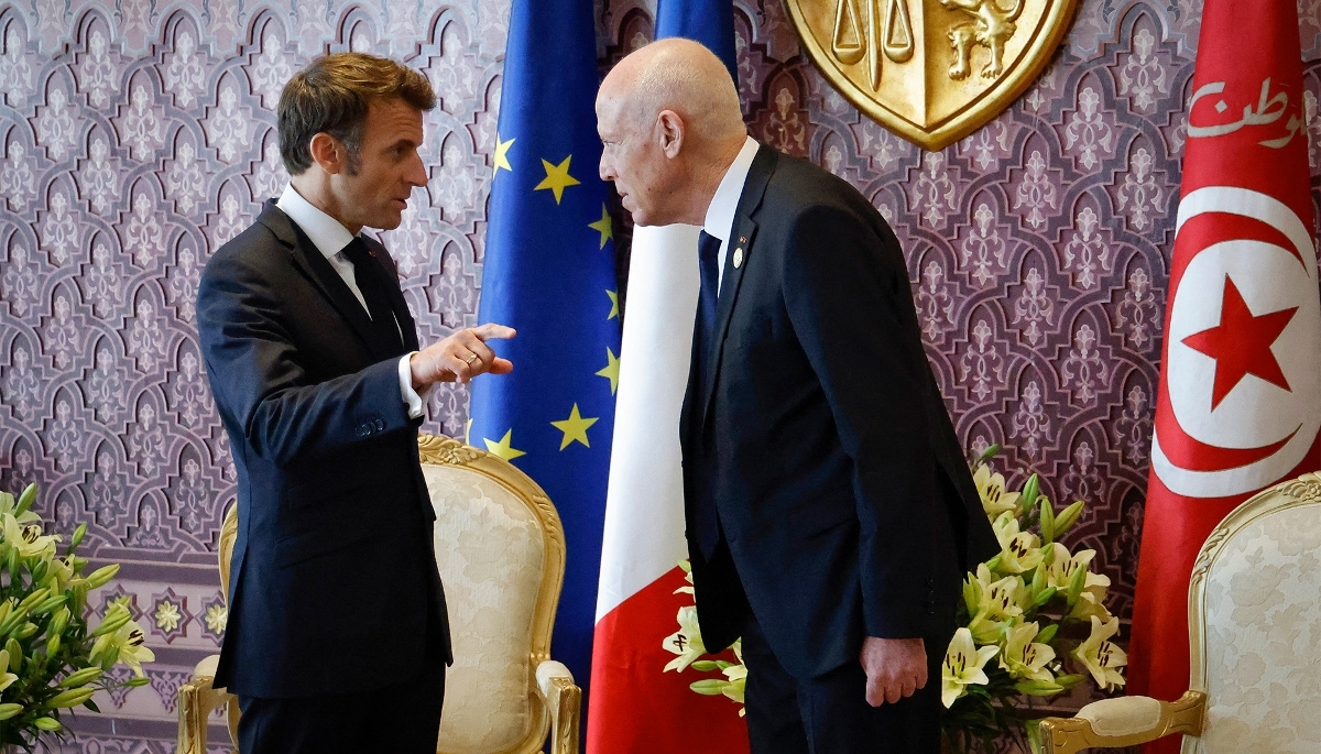 France's President Emmanuel Macron and his Tunisian counterpart Kaïs Saïed in Djerba, Tunisia, in November 2022. 