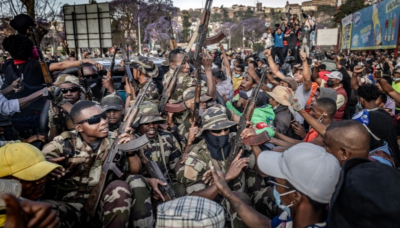Madagascar soldiers join demonstrators calling for the resignation of President Andry Rajoelina in Antananarivo, on 11 October 2025.