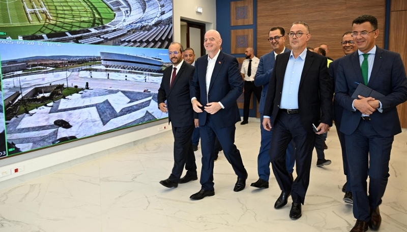 Accompanied by Fouzi Lekjaâ (centre), FIFA President Gianni Infantino (second from left) tours the facilities at the Grand Stade de Tanger in Morocco on 20 September 2025.