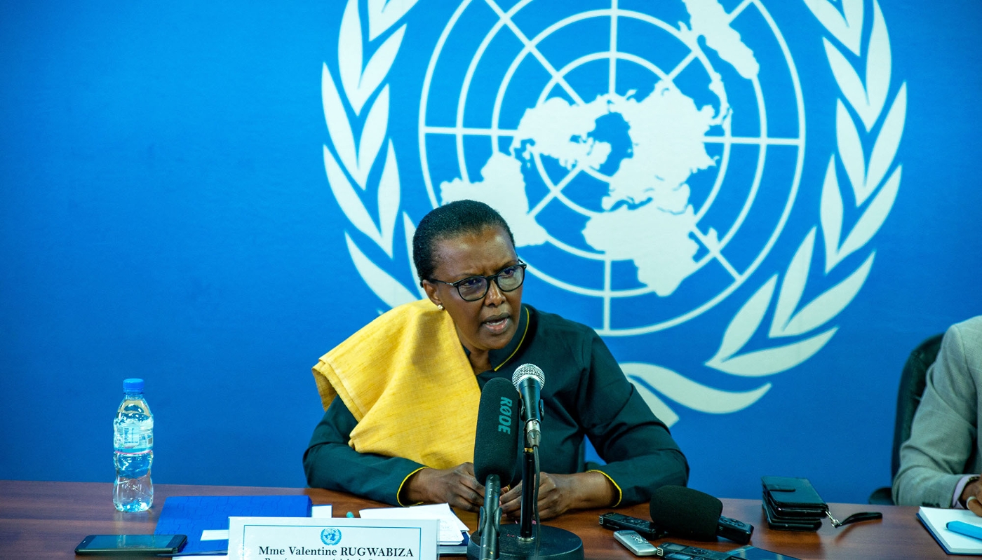 Valentine Rugwabiza addresses a press conference in Bangui, 18 May 2022.
