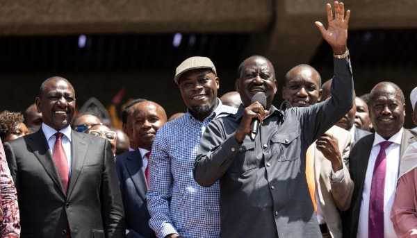 Kenyan President William Ruto (L) and veteran politician Raila Odinga (3rd R), in Nairobi on 7 March, 2025.