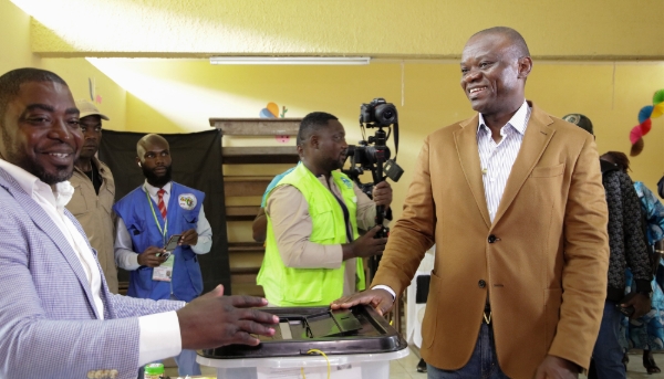 President of Gabon General Brice Oligui Nguema (right) after casting his vote during the constitutional referendum in Libreville on 16 November 2024. 