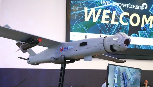 A BlueBird ThunderB drone exhibited at Tel Aviv airport in 2019.