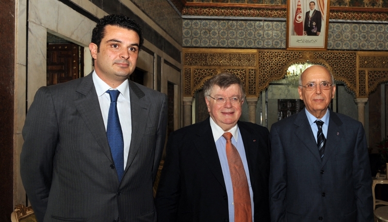 Marouane Mabrouk (left) with Didier Lombard, then chairman of France Telecom (centre), and Mohamed Ghannouchi, the Tunisian Prime Minister at the time, at the launch of Orange Tunisie in Tunis in 2010.