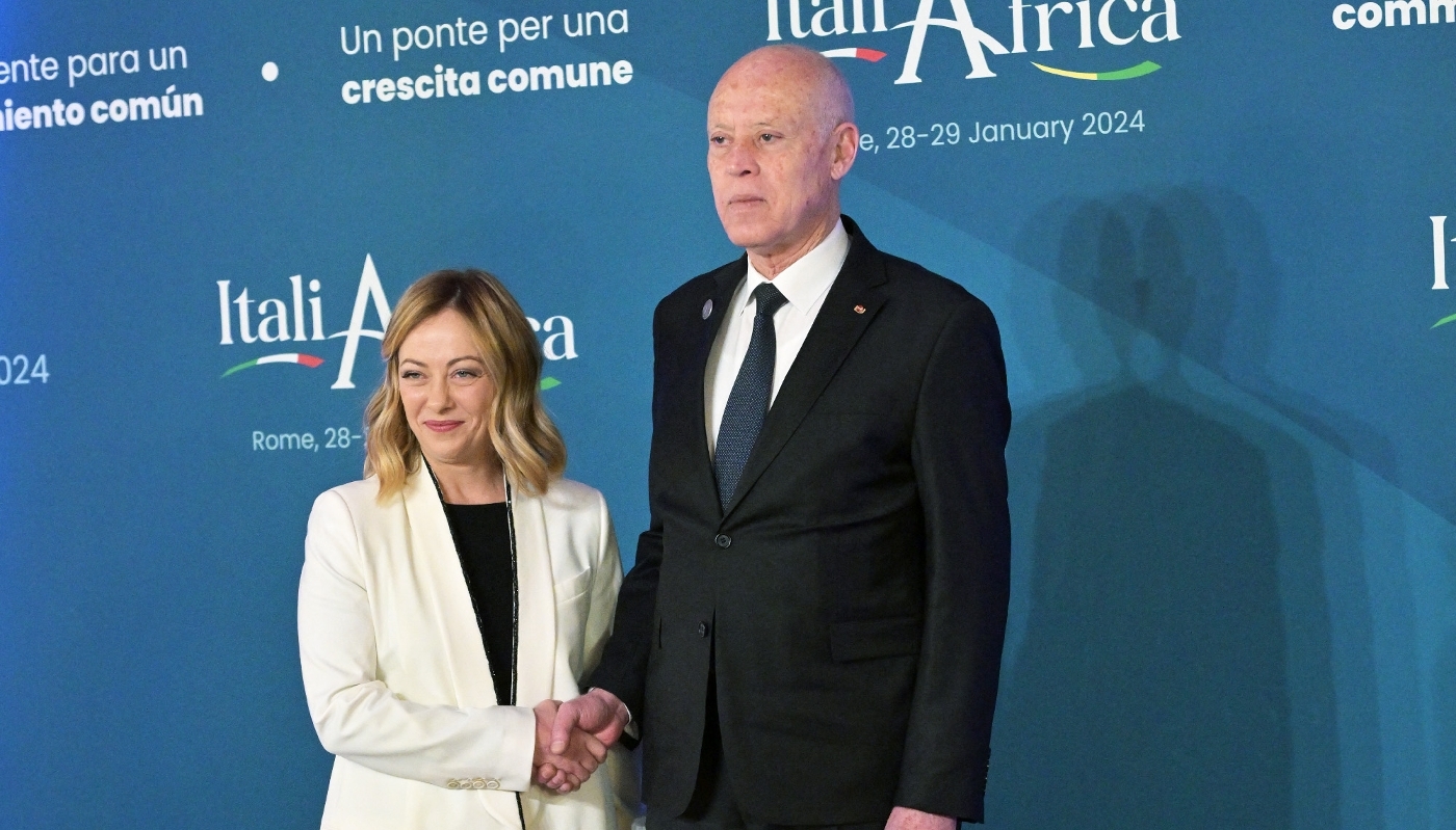 Italy's Prime Minister, Giorgia Meloni welcomes Tunisia's President Kaïs Saïed in Rome on 29 January 2024.