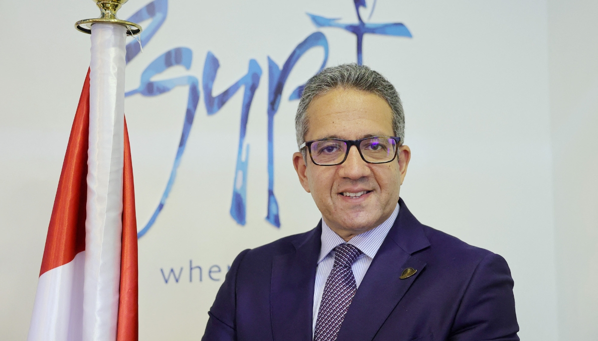 Khaled el-Enany, the then Egyptian Minister of Tourism and Antiquities, at the Arabian Travel Market in Dubai, UAE, 17 May 2021.