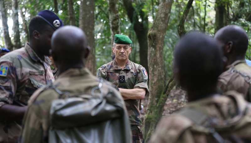 French general Thierry Burkhard during training exercises at the Raponda Walker Arboretum forest in Akanda, Gabon, 15 April 2022.