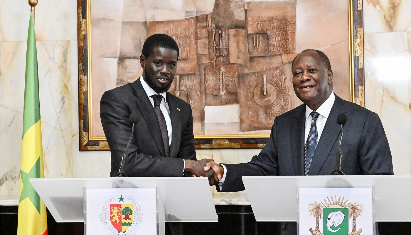 Senegal's President Bassirou Diomaye Faye and Ivory Coast's President Alassane Ouattara during a press conference at the presidential palace in Abidjan on 7 May 2024.