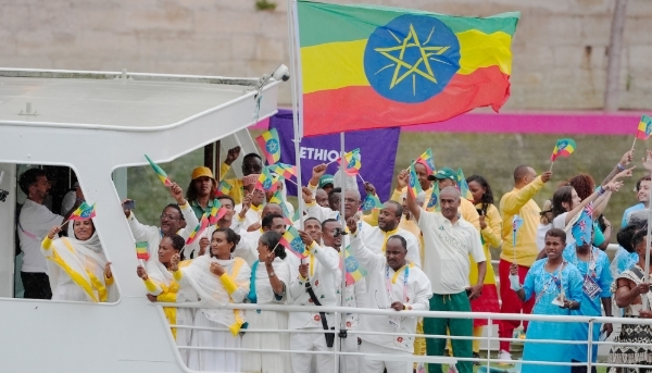 Athletes from Ethiopia's delegation at the opening ceremony of the Paris Olympic Games on 26 July 2024.