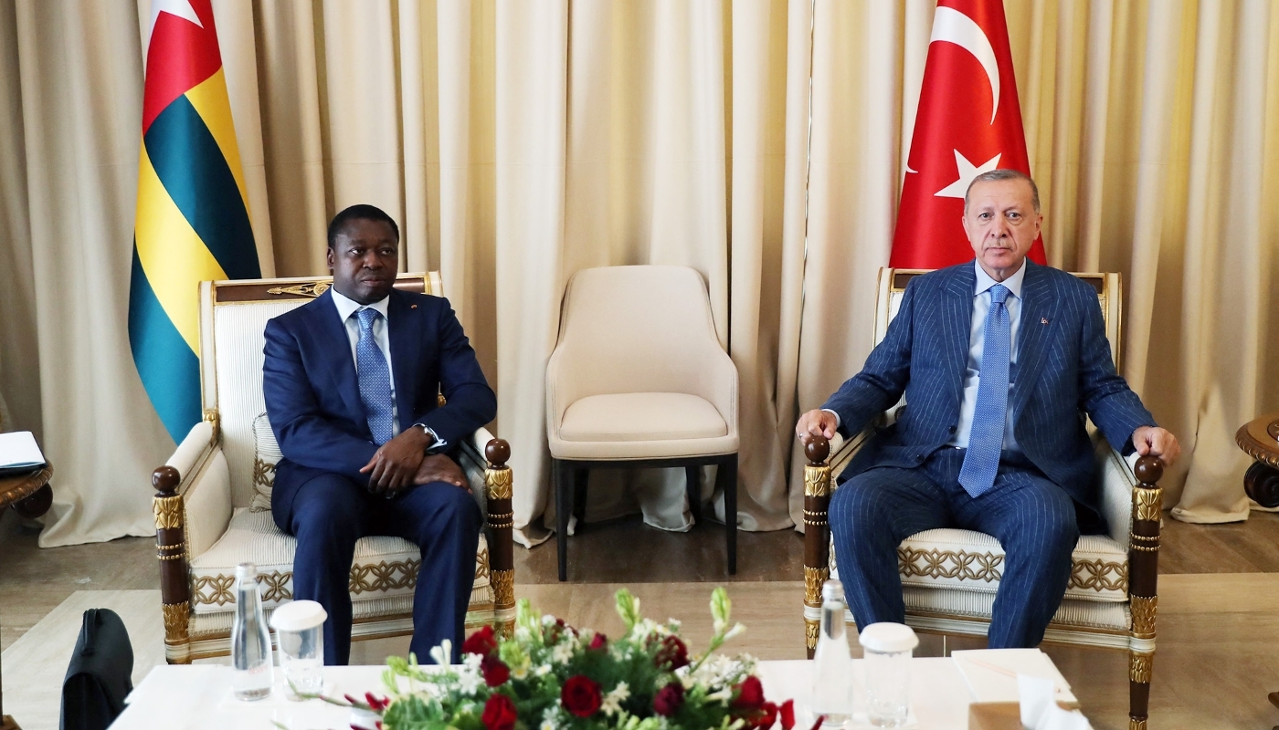 Turkish president Recep Tayyip Erdogan is welcomed by his Togolese counterpart Faure Gnassingbé at the presidential palace in Lome on 19 October 2021.