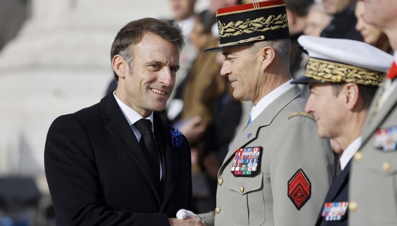 Emmanuel Macron with French Army Chief of Staff, General Thierry Burkhard, in Paris on 11 November 2023,