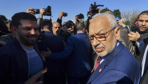 The head of Ennahdha Rached Ghannouchi in Tunis on 21 February 2023, a few weeks before his imprisonment.