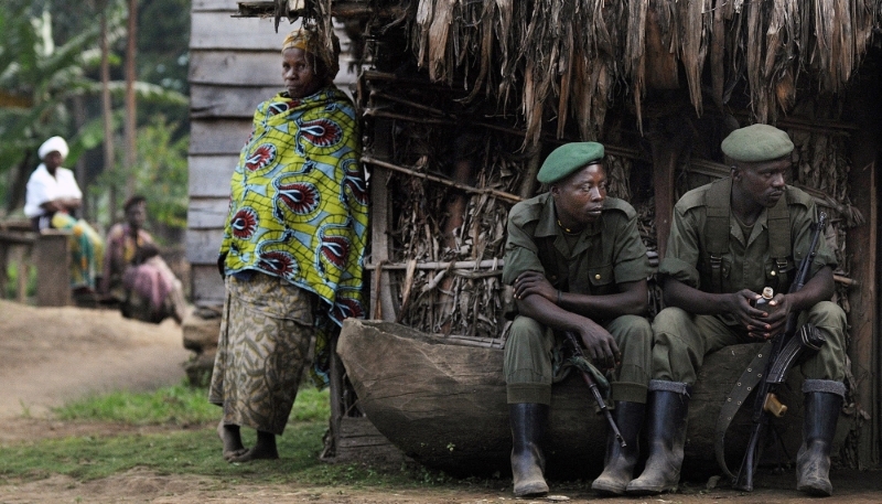 Democratic Forces for the Liberation of Rwanda (FDLR) soldiers at a base in Lushebere, 50 kilometres north-east of Goma, on 26 November 2008.