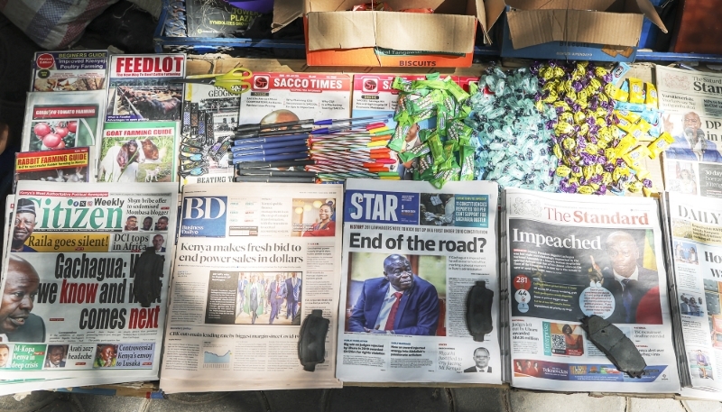 A news stand with newspapers carrying headlines on the impeachment of Rigathi Gachagua in Nairobi on 9 October 2024.