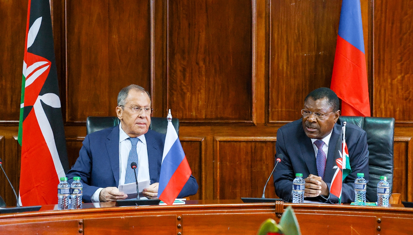 Sergei Lavrov and Moses Wetangula, the Speaker of the National Assembly of Kenya, in Nairobi on 29 May, 2023.