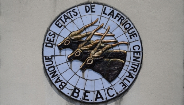 Bank of Central African States emblem in Libreville, Gabon, in 2019.