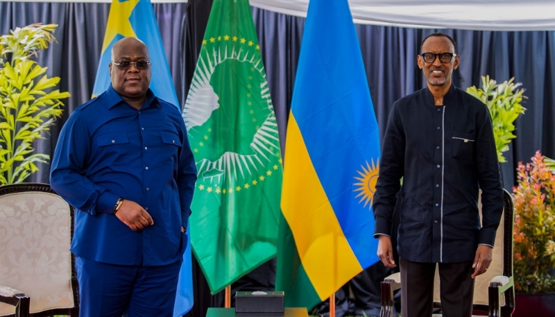 DRC President Félix Tshisekedi (left) and his Rwandan counterpart Paul Kagame in Rubavu, Rwanda, 25 June 2021.