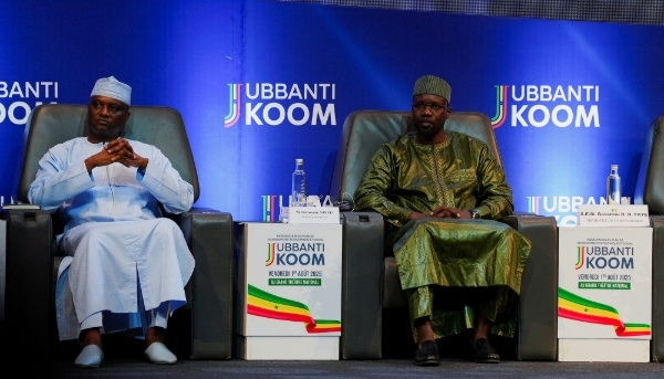 Senegal's Minister of Economy Abdourahmane Sarr and PM Ousmane Sonko, in Dakar, on 1 August 2025.