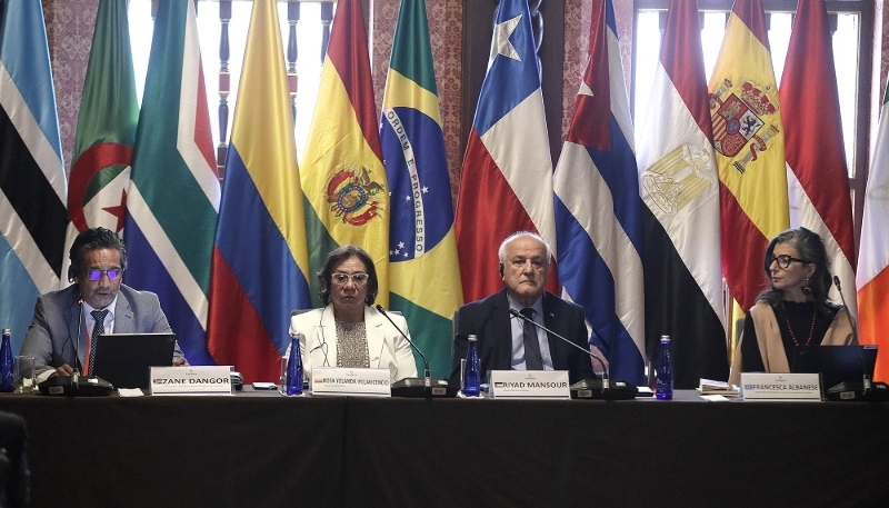 Zane Dangor, Rosa Villavicencio, Riyad Mansour, and Francesca Albanese during a meeting of The Hague Group in Bogota on 15 July 2025.