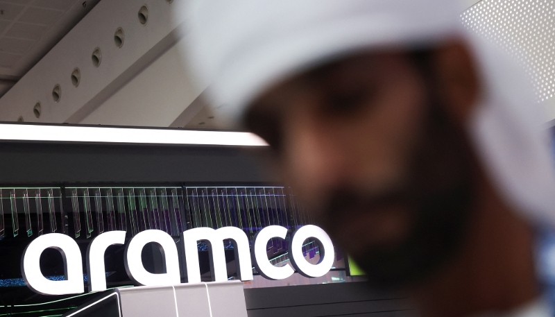 The Aramco logo at the ADIPEC convention in Abu Dhabi on 3 November 2025.