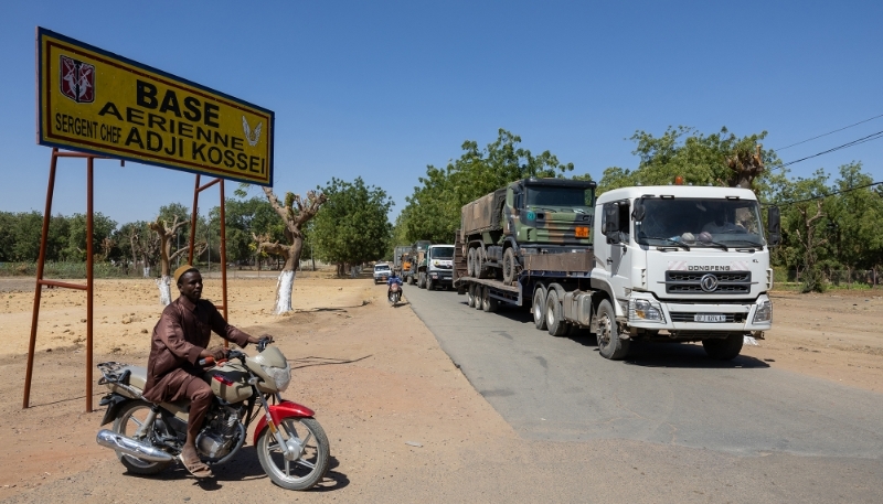 Trucks carrying French army vehicles leaving the former Fort Lamy air base in N'Djamena, Chad, 29 January 2025.