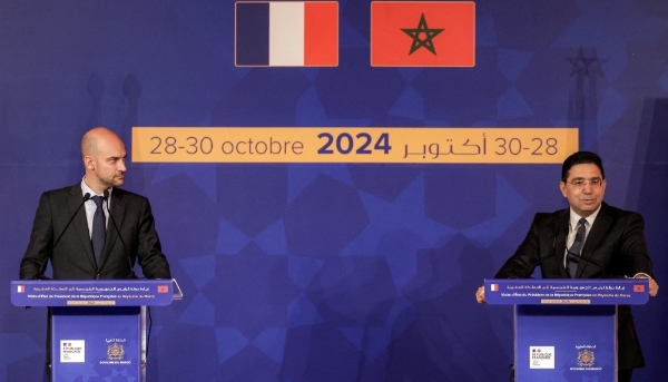 Morocco's Foreign Minister Nasser Bourita and France's Minister for Europe and Foreign Affairs Jean-Noël Barrot in Rabat on 29 October 2024.