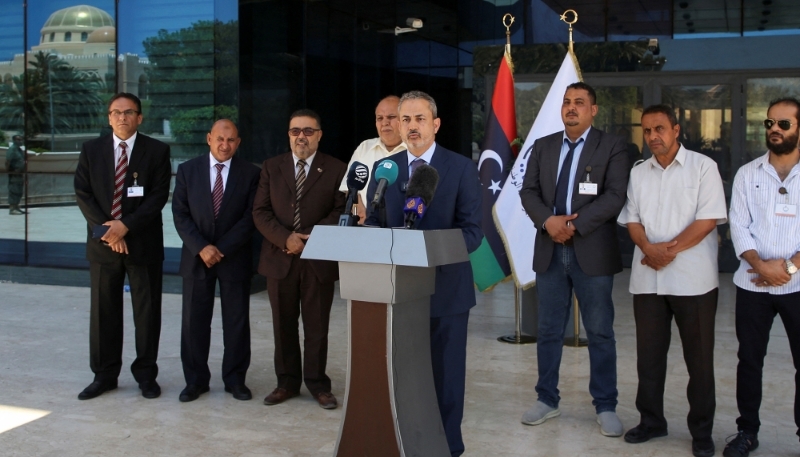 The chairman of Libya's National Oil Corporation, Farhat Omar Bengdara, at a news conference in Tripoli, Libya, 14 July 2022.