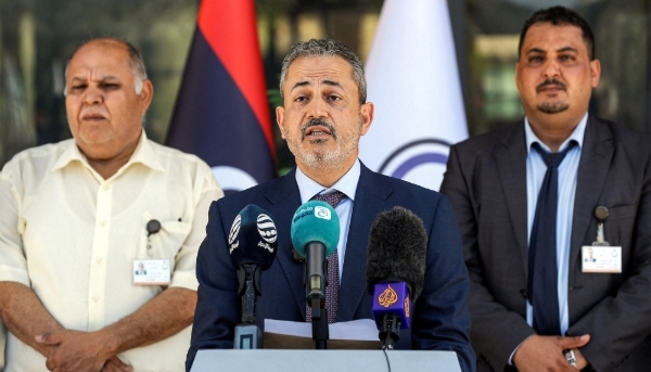 Farhat Omar Bengdara (centre), chair of the NOC, in Tripoli, Libya, 14 July 2022.