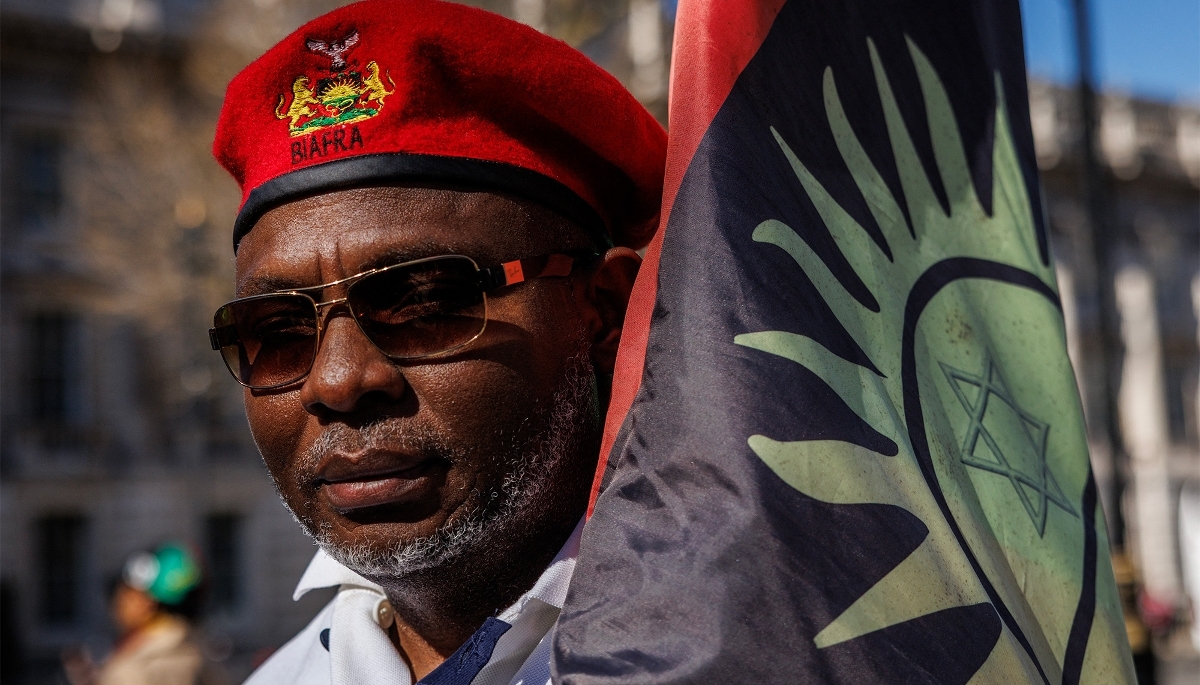 An anti-Nigerian government protester in London, on 18 March 2026.