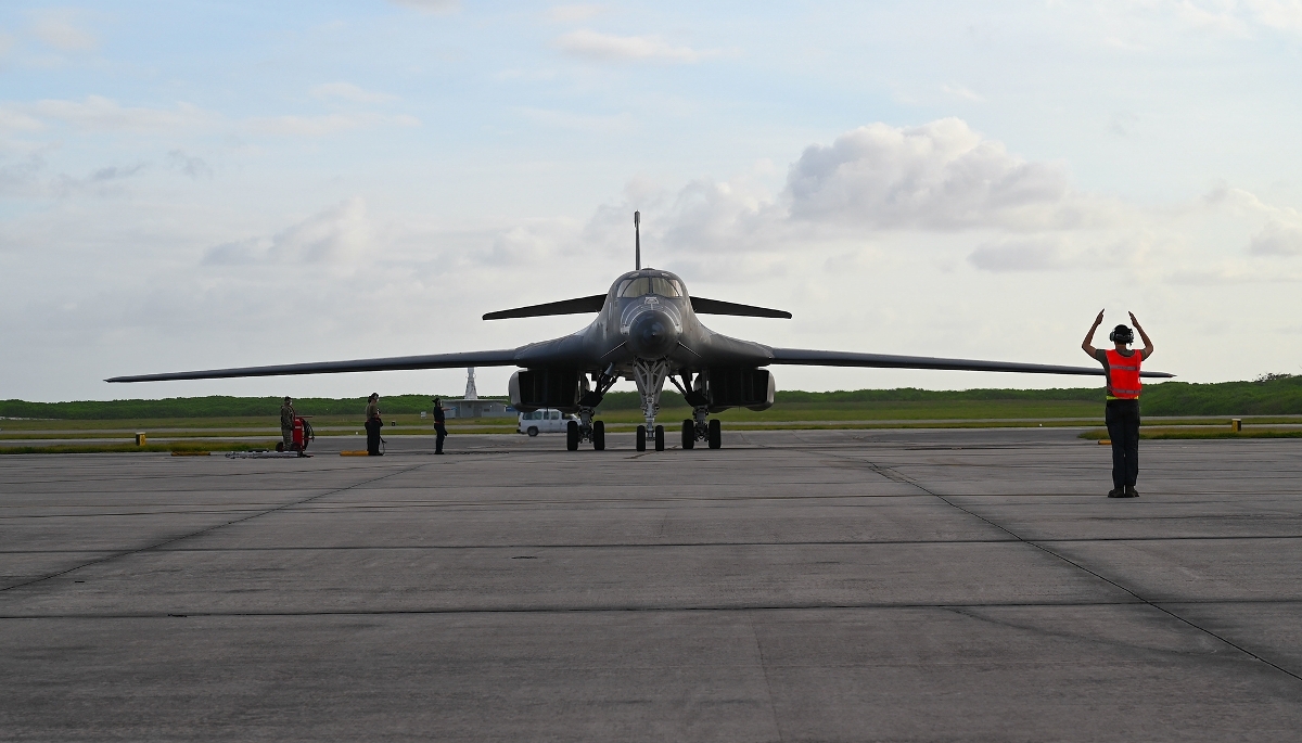 A Rockwell B-1B Lancer bomber at the US military base on Diego Garcia, a Mauritian atoll under UK administration, in October 2021.