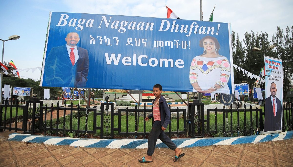 Ethiopian Prime Minister Abiy Ahmed's campaign billboard in the town of Jimma, Oromia Region, Ethiopia, June 2021.