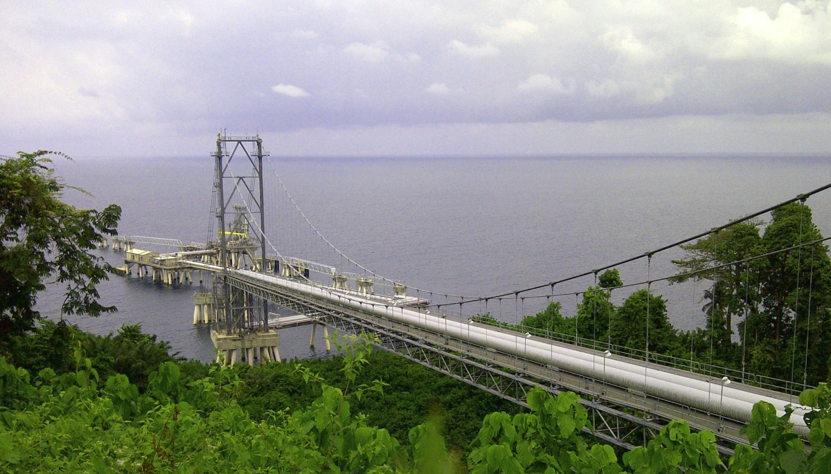View of the world's first tubular beam suspension bridge for liquefied natural gas (LNG) in Punta Europa, Equatorial Guinea, on 5 February 2014.