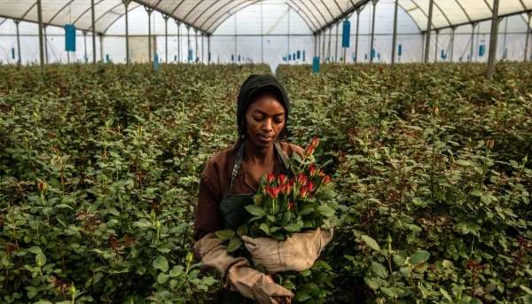 A woman picks roses inside a greenhouse at Wildfire Flowers in February 2019 in Naivasha, Kenya, the lead supplier of roses to the European Union.