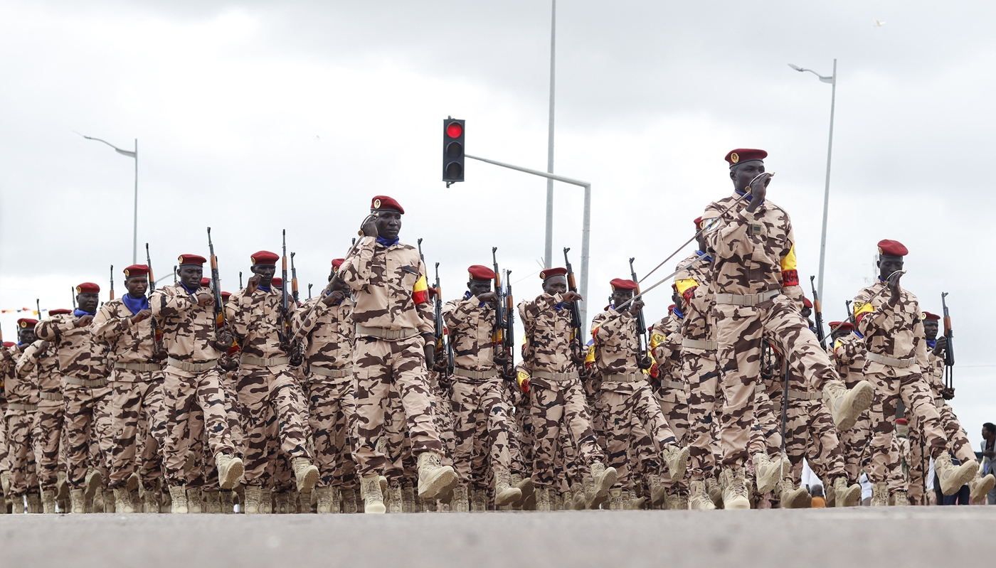 Members of the Chadian Armed Forces parade during the 63rd Independence Day celebrations in N'Djamena on 11 August 2023.