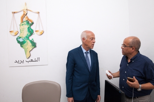 The Tunisian president Kais Saied with his brother Naoufel, in Tunis, on 17 September 2019.