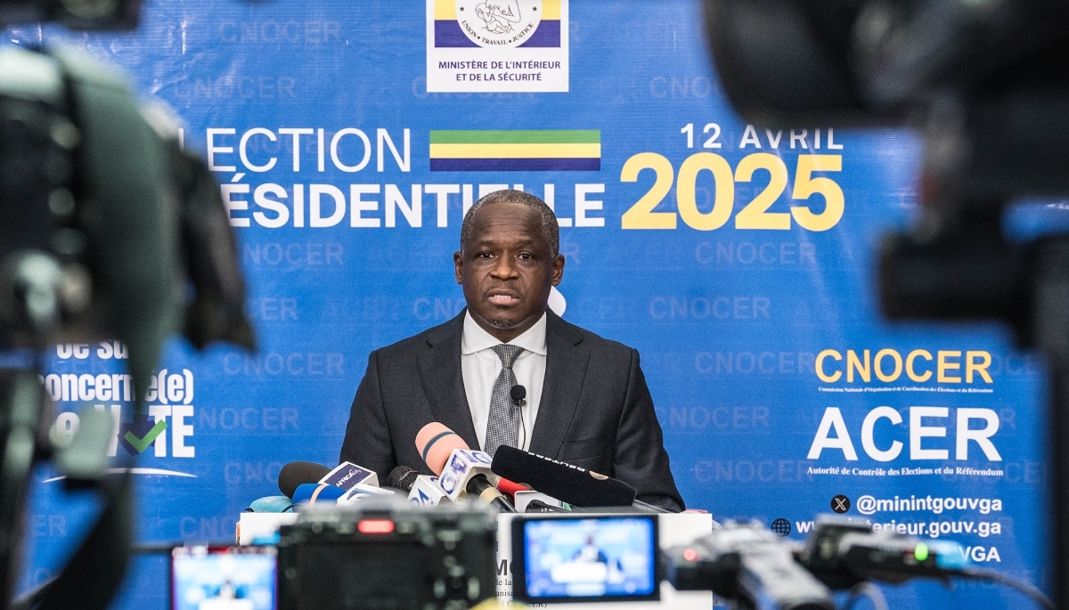Hermann Immongault, then minister of the interior, announces the presidential election results in Libreville on 13 April 2025.