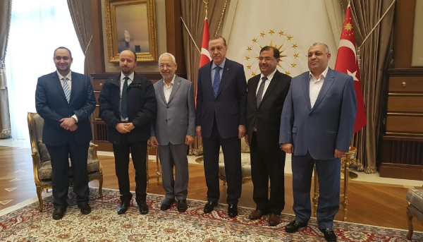 Adel Daâdaâ (right), former chief of protocol for Rached Ghannouchi (3rd from left), at a reception at the Turkish presidential palace in Istanbul in 2017.
