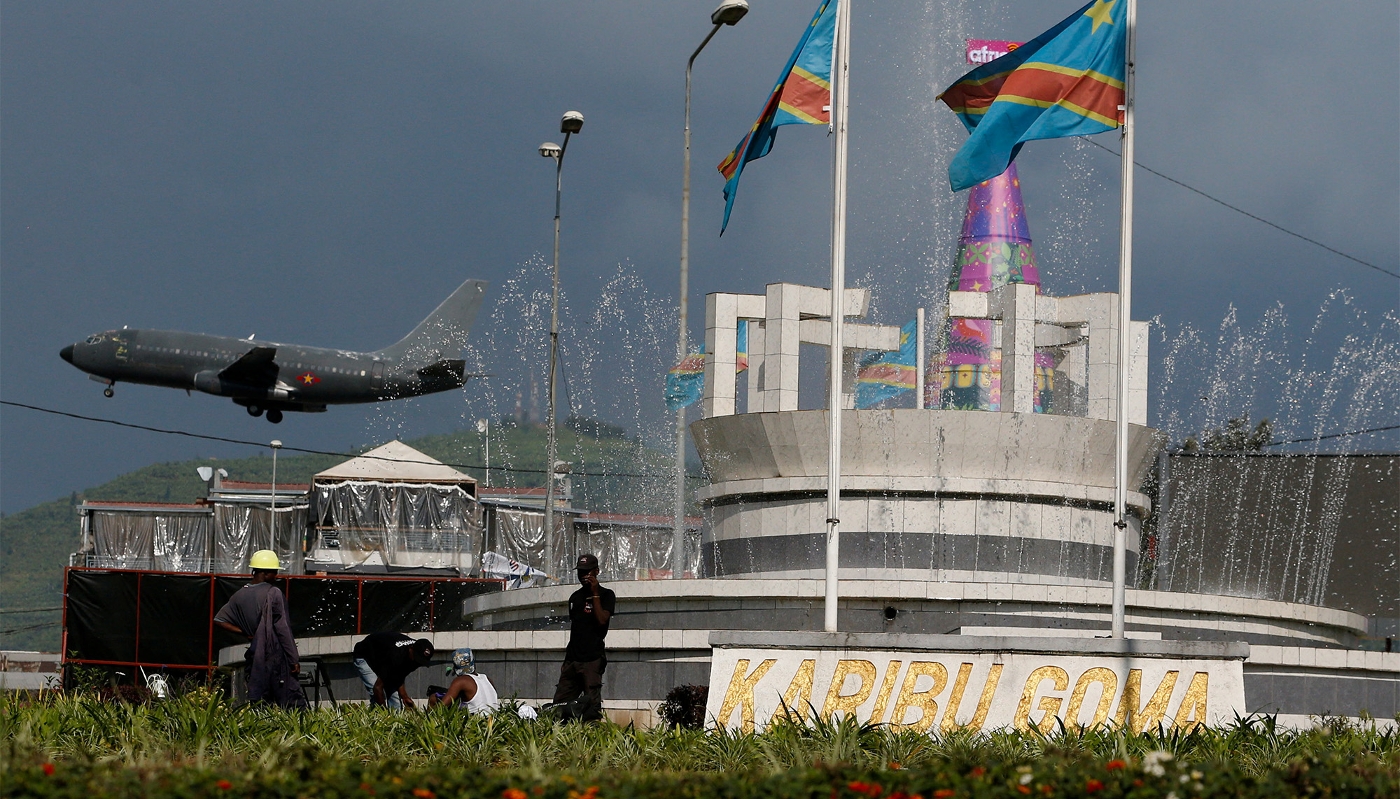 A DRC armed forces (FARDC) military plane airborne in Goma, North Kivu, on 18 December 2023.