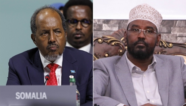 Somali president Hassan Sheikh Mohamoud (left) on 15 June 2024 in Lucerne (Switzerland) and Jubaland president Ahmed Madobe on 22 August 2019 in Kismayo.