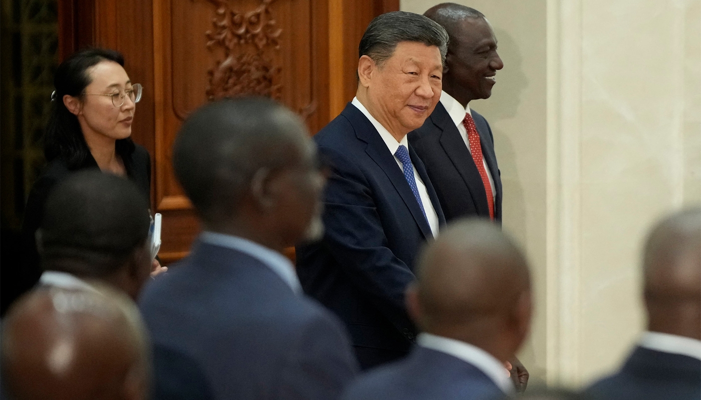 China's President Xi Jinping (centre) and his Kenyan counterpart William Ruto (far right) in Beijing, on 24 April 2025.