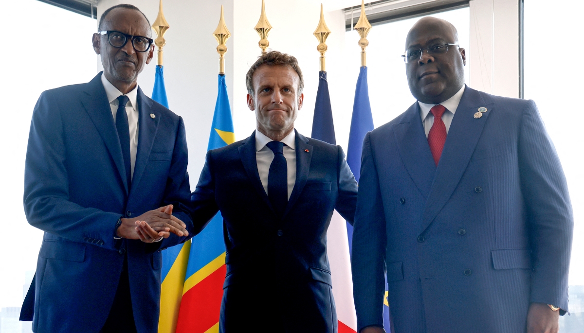 From left to right: Rwandan President Paul Kagame, French President Emmanuel Macron and DRC's President Felix Tshisekedi in New York, 21 September 2022.
