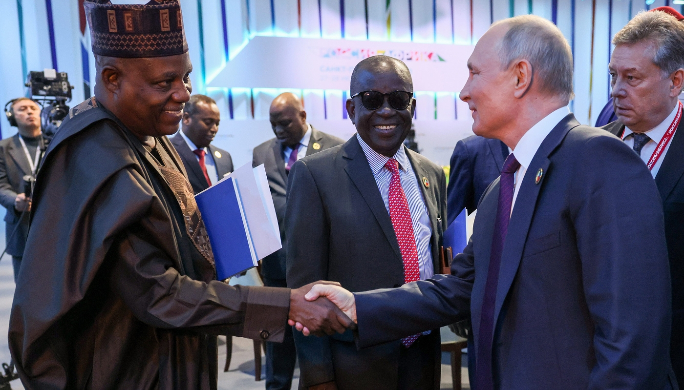Nigeria's Vice-President Kashim Shettima shaking hands with Russia's President Vladimir Putin during the second Russia-Africa Economic and Humanitarian Forum in St Petersburg, Russia, 28 July 2023.