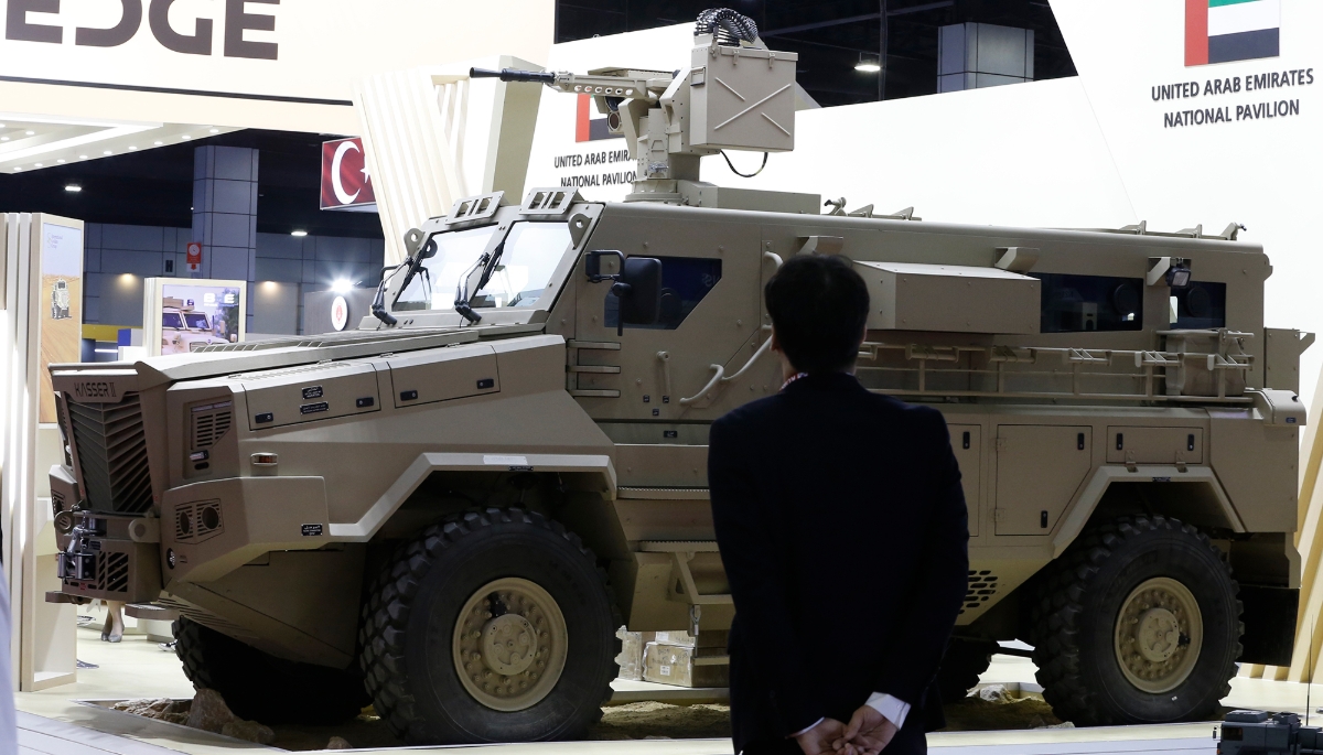 UAE-produced Kasser II mine-resistant ambush-protected (MRAP) vehicle, on display at the Defense and Security 2023 exhibition, in Bangkok, 6 November 2023.