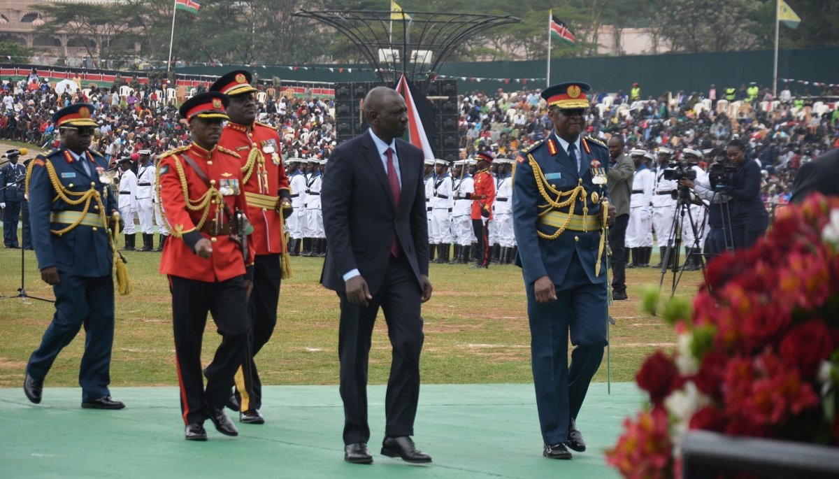 William Ruto with military top brass for 60-year Kenyan independence anniversary in Uhuru Gardens, Nairobi, 12 December 2023.