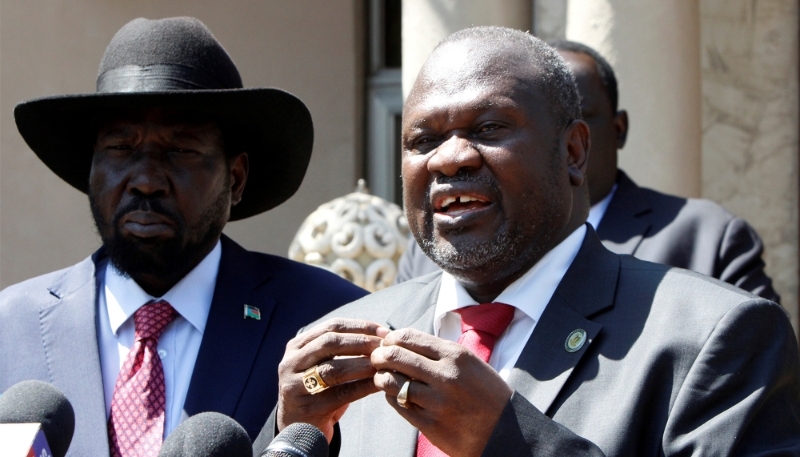 South Sudan's president Salva Kiir (left) with his vice president Riek Machar in Juba, December 2019.